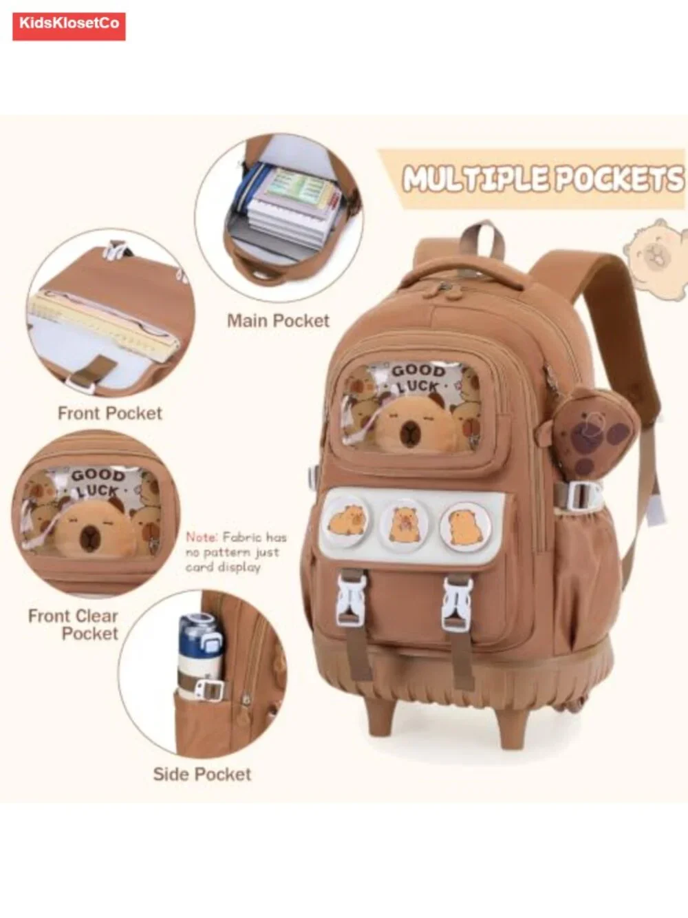 Capybara Rolling Backpack Girls 3-in-1 with Lunch Box & Pencil Case